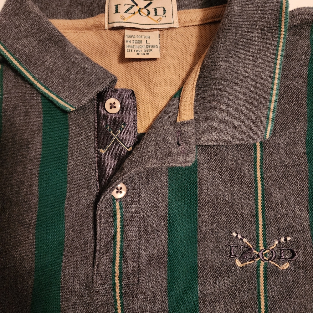 Izod Gray and Green Striped Polo Shirt